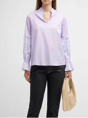 NWT Harshman Chantal Lilac Striped Sleeve Split Neck Cotton Blouse Large $228